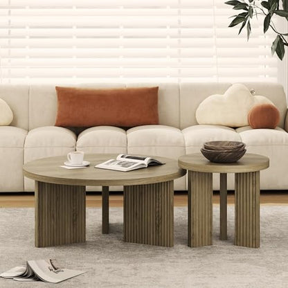 Nesting Coffee Table Set of 2, Walnut | Modern Wooden Coffee Table, Circle Tea Table and End Table Set, Accent Center Tables for Living Room, Office - color: Walnut, style: Coffee Table Set of 2