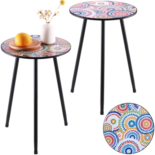Party Zealot Metal Mosaic Round Side Table Set of Two 13.4" Small Outdoor Patio Round Accent Coffee Tables Indoor Corner Stand for Small Space Weather-Resistant for Balcony Plant Stand - color: Colorful, style: 2 packs/ 13.4 in