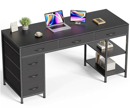 Huuger Computer Desk with 6 Drawers, Office Desk with Shelves, Reversible Gaming Desk, Corner Desk with Storage, Work for Home Office, Study, Living Room, 54inch, Black - color: Black, size: 54 inch