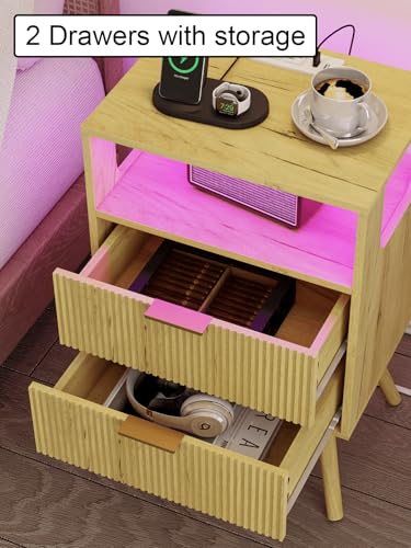 Leomonio Nightstand, Modern Bedside Table with 2 Storage Drawer and Open Wood Shelf for Bedroom and Small Spaces, Night Stand with Solid Wood Legs (Yellow Oak-Outlet) - color: Yellow Oak-outlet