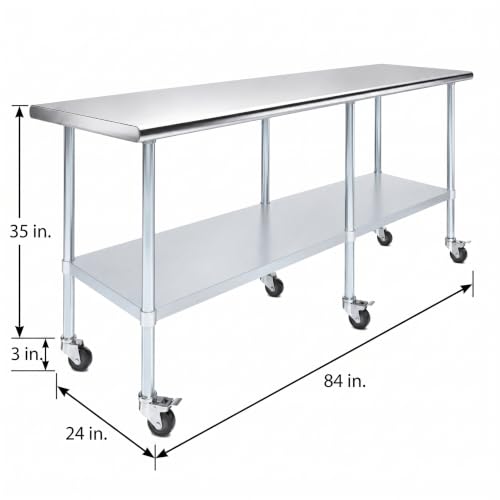 AmGood 84" Long x 24" Deep Stainless Steel Table with Casters - size: 84" Long x 24" Deep