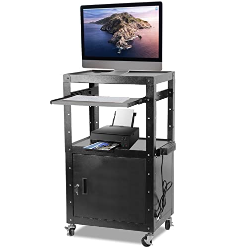 AV Carts, Rolling Presentation Cart Station, Height Adjustable Media Cart for Video Projector, TV, Printers, Computers with 1 Storage Locking Cabinet, 1 Sliding Keyboard Tray, 3 Outlets, 2 USB Ports