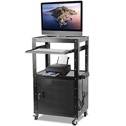 AV Carts, Rolling Presentation Cart Station, Height Adjustable Media Cart for Video Projector, TV, Printers, Computers with 1 Storage Locking Cabinet, 1 Sliding Keyboard Tray, 3 Outlets, 2 USB Ports