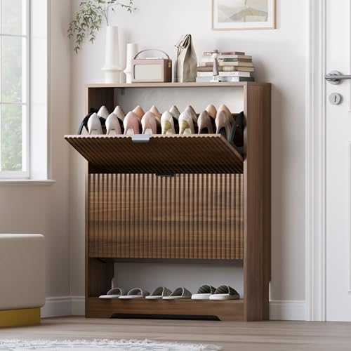 BORNOON Shoe Cabinet with 2 Flip Drawers, Fluted Shoe Storage Cabinet with Adjustable Shelves, Freestanding Rack and Organizer for Entryway, Closet, Hallway - color: Walnut, size: 2-Drawer