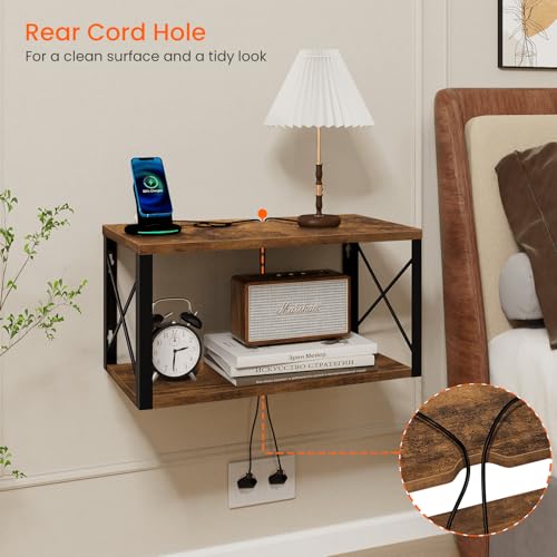 Homode Floating Nightstand, Wood Floating Bedside Table with Cable Hole, 2 Tier Wall Mounted Nightstand, Hanging Night Stand Wall Shelves for Bedroom Living Room Bathroom Kitchen, Rustic Brown - color: Rustic Brown Black
