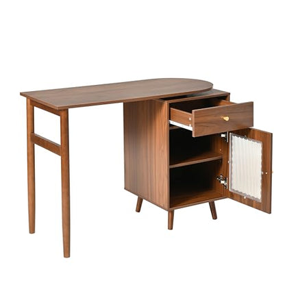 Wooden Computer Gaming Desk with 90 Degree Rotating Desktop, Study Writing Desk with Open Shelves, Storage Drawer and Cabinets, Work Desk for Home Office Bedroom Living Room (Walnut-03) - color: Walnut-03