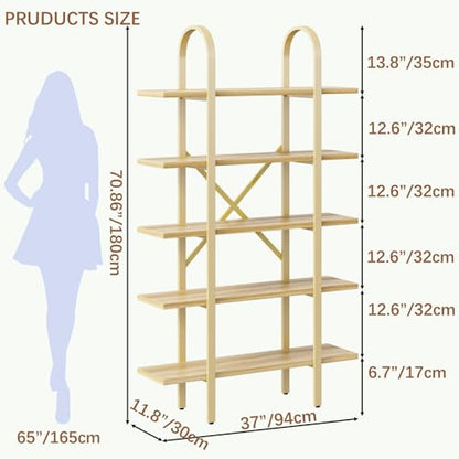 Wide Bookshelf Arched Bookcase, Industrial 5 Tier Open Book Shelves with Metal Frame, 72" Tall Freestanding Heavy Duty Display Rack for Home Office, Living Room,Nature Wood & Gold,Easy Assembly - color: Nature Wood & Gold, size: 5 Tier Arched Wide
