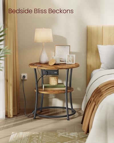 VASAGLE 21.7-Inch Round Side Table, 2-Tier End Table with Power Outlets, Nightstand with Steel Frame, Spacious Top, for Small Spaces, Living Room, Bedroom, Rustic Brown and Ink Black ULET077K01 - color: Rustic Brown + Ink Black, style: With Power Strip