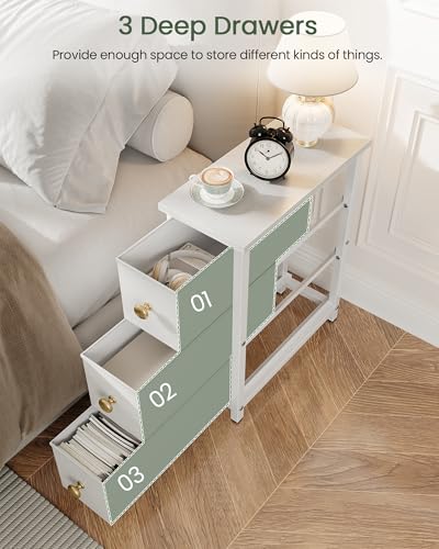 CHOEZON Narrow Side Table with 3 Fabric Drawers, Industrial Slim Bedside Table for Small Spaces, Bedroom, Living Room, Dormitory, White TBZ09WB - color: White
