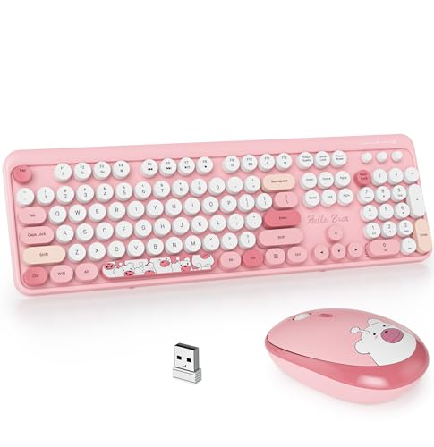 GTSP Pink Typewriter Keyboard Wireless Mouse Combo, Cute Keyboard 2.4G Office Full-Sized Retro with Round Keycaps for Laptop PC Desktops（Pink） - color: Bear-pink