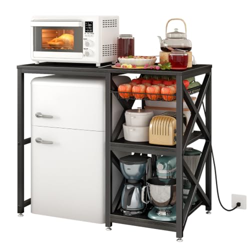 METYERRY Kitchen Bakers Rack with Power Outlet,Mini Fridge Cabinet with Mesh Basket, Mini Fridge and Microwave Table with Storage for Office,Kitchen,Living Room,Coffee Bar,Patio, Black - color: Black