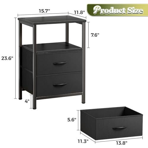 Huuger Night Stand with 2 Drawers, Bed Side Table with Open Shelf, Wooden Top, Nightstand for Bedroom, End Table for Small Space, Fabric Drawer, Black - color: Black