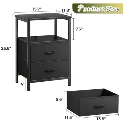 Huuger Night Stand with 2 Drawers, Bed Side Table with Open Shelf, Wooden Top, Nightstand for Bedroom, End Table for Small Space, Fabric Drawer, Black - color: Black
