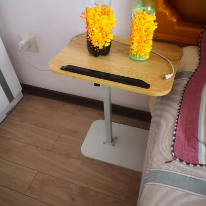 FuturelOT Sofa Couch Arm Table Tv Tray Small Bedside Table C Shaped Adjustable Height Side End Tables for Living Room, Bedroom, White + Natural Wood - color: White + Natural Wood