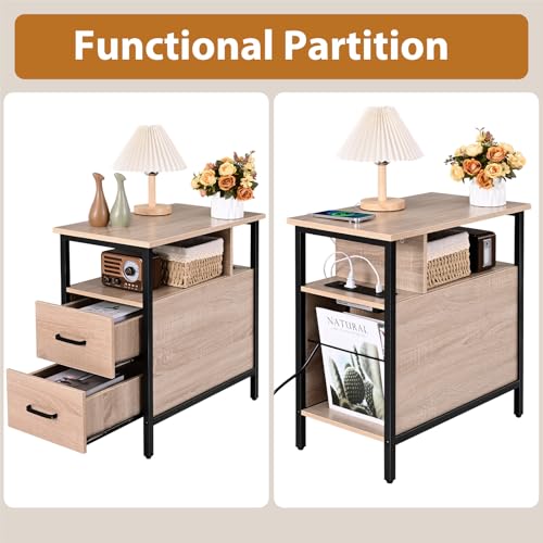 Livofloral Side Tables with Charging Station, Narrow End Table with 2 Wooden Drawers, USB Ports and Power Outlets, Narrow Nightstand and Bedside Table, Side Tables Living Room, Bedroom, Greige - color: Greige