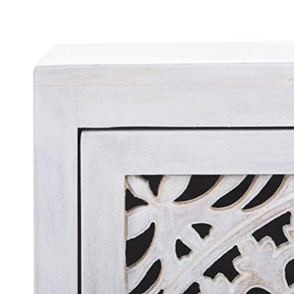 SAFAVIEH Furniture - Thea 1-Door Carved Nightstand - White Washed - Mango Wood - Artisan Global Design - Ideal for Bedroom, 20"W x 14"D x 26"H - Fully Assembled (NST5300C) - color: White Washed