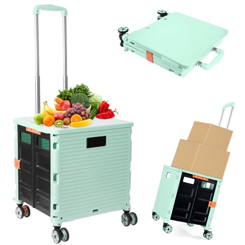 Foldable Utility Cart Folding Portable Rolling Crate Handcart Shopping Trolley Wheel Box with Lid Wear-Resistant Noiseless 360°Rotate Wheel for Travel Shopping Moving Storage Office Use (Green) - color: Green, size: PRO
