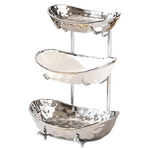 YYW 3 Tier Fruit Bowl for Kitchen Counter, White Gold Silver Ceramic Fruit Stand for Countertop, Home Fruit Rack with Metal Holder, Vegetable Snacks Nuts Bread Candy Storage (Silver) - color: Silver