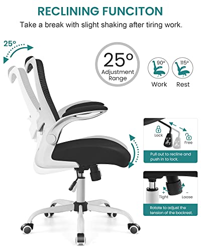 MUXX.STIL Office Chair, Ergonomic Desk Chair with Adjustable Lumbar Support and Flip up Armrest, Breathable Mesh Computer Chair for Home Office, White - color: White