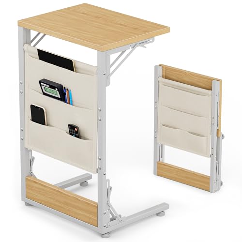 Folding TV Tray Table, 28.8" Tall C-Shaped Side Table for Couch and Bed, Slide Under Sofa Side Desk with Storage Bag - Sturdy Metal Frame Tray for Living Room, Bedroom, Home & Office (Light Walnut) - color: Light Walnut, size: 15.7" x 11.8" x 28.8"
