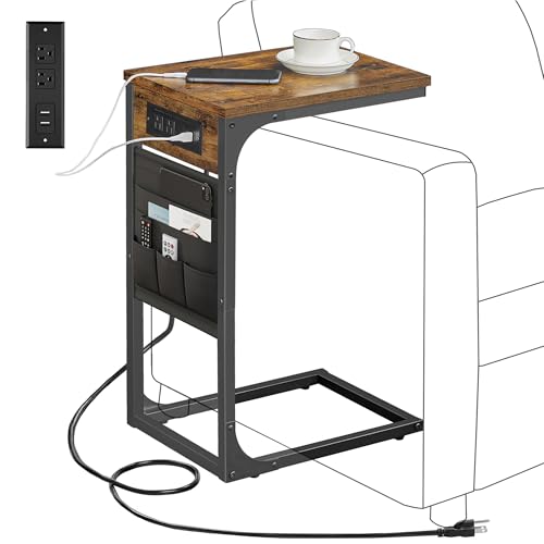 TUTOTAK C Shaped End Table with Charging Station, Side Table for Sofa, Couch Table with Storage Bag, TV Tray with 2 USB Ports and Outlets for Living Room, Bedroom, Brown TB01BB024 - color: Brown, size: 1 Pack (11.8"W), style: With Plug