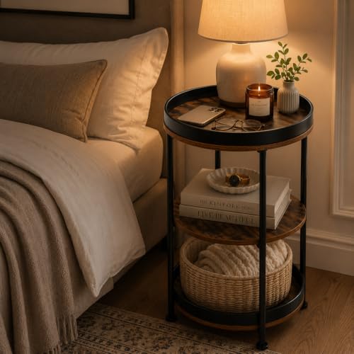 Dulcii Side Table, Round End Table with 3 Storage Shelves for Living Room, Bedroom, Nightstand with Steel Frame for Small Spaces, Industrial Round Sofa Table, Outdoor Accent Coffee Table, Rustic Brown | Round End Table with Storage for Living Room, Bedroo