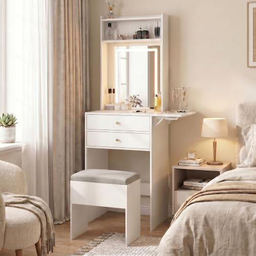 ARTETHYS Small Vanity Desk with Mirror & Foldable Side Panel, White | Compact for Small Apartments,Dimmable LED Mirror, 2 Spacious Drawer,Space Saving, Drop-Leaf Side Panel, Hidden Storage Stool - color: White