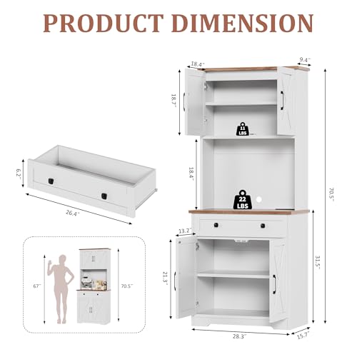 GarveeLife 71" Pantry Cabinet with Charging Station, Tall Kitchen Pantry Storage Cabinet with Microwave Stand, Large Farmhouse Kitchen Hutch with Cabinet Doors & Drawer for Living Room, Dining Room - color: White