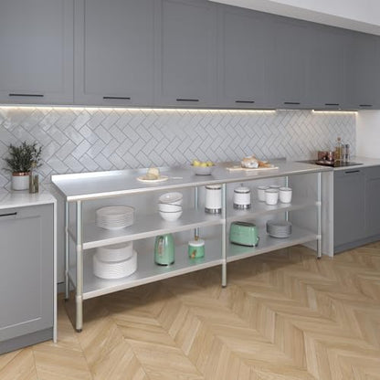 AmGood Stainless Steel Work Table with 1.5" Backsplash and 2 Shelves | Metal Kitchen Food Prep Table | NSF (96" Long x 24" Deep) - size: 96" Long x 24" Deep