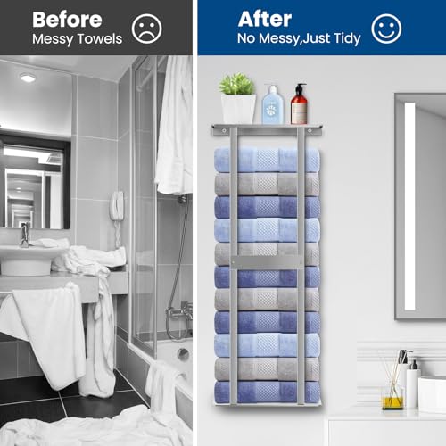 Bathroom Towel Storage Rack, Wall Mounted Bathroom Towel Rack, 30 inch Heavy Duty 6 Large Towels, Wall Mounted Towel Rack for Rolled Towels, Silver - color: Silver
