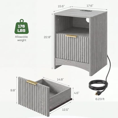 Marsail Fluted Nightstand Set of 2, Wooden Nightstands with Drawers, Modern Bedside Table with Charging Station and Storage, End Table with Storage Side Table for Bedroom, Grey - color: Grey