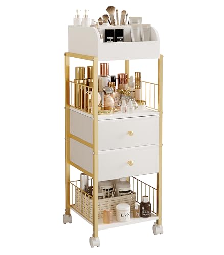 Makeup Organizer Storage Cart with Drawers Large Skincare organizers | Makeup Stand Makeup Vanity Organizer Cosmetics Display Cases Holder for Skin Care Nail Polish Perfume Makeup Brush (Gold) - color: HZG2403-Gold