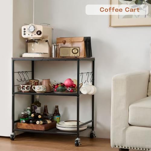 Rolling Kitchen Microwave Cart, 3 Tier Microwave Stand with Storage, Small Kitchen Island on Wheels, Wood and Mental Kitchen Shelf Rack, Black Organizer for Living Room, Office, Balcony - color: Black