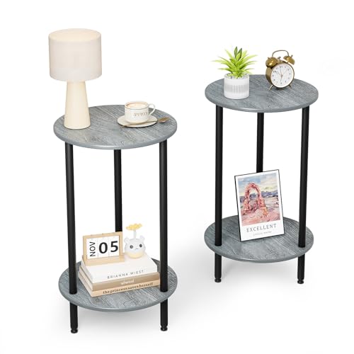 Round Side Table Set of 2, Grey Round End Table with Storage, 2-Tier Modern Accent Table, Small Bedside Table for Living Room, Bedroom-Grey - color: Grey, size: 2PC