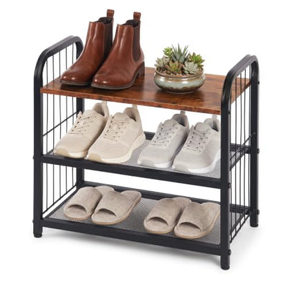 Narrow Shoe Rack for Entryway Small Spaces, 3-Tier Shoe Organizer | Compact Metal Wood Shoe Storage Shelf, Wooden Top, Guardrails, Mesh Shelves, Free Standing, for Front Door Entrance, Closet - size: 17.32" X 10.24" X 16.93"