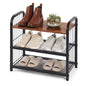 Narrow Shoe Rack for Entryway Small Spaces, 3-Tier Shoe Organizer | Compact Metal Wood Shoe Storage Shelf, Wooden Top, Guardrails, Mesh Shelves, Free Standing, for Front Door Entrance, Closet - size: 17.32" X 10.24" X 16.93"