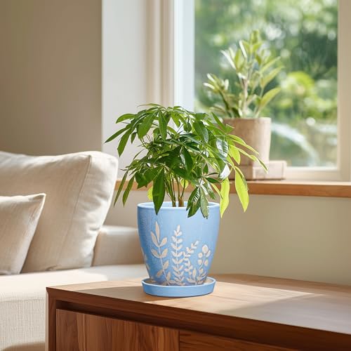6 Inch Ceramic Plant Pot with Saucer - Small Flower Pot with Drainage for Succulents & Herbs, Boho Desk Home Office Room Decor, Plant Lovers Gifts, Blue - size: 6 Inch