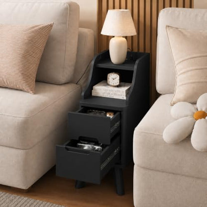 7.87" Narrow Nightstand Set of 2, 2 Drawer Nightstand with Charger Station | Wooden Thin Couch Side End Table, Skinny Bedside Table Small Spaces, Mid Century Modern Night Stand with Drawers, Black-2Pcs - color: Black, size: Narrow (2 drawer)