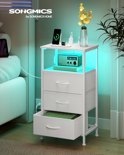 SONGMICS BELLAH Collection - Nightstand with Charging Station and App-Controlled Adjustable LED Lights, Bed Side Table, 3 Drawers and 1 Open Shelf, Modern, Cloud White and Snow White ULGS303WH01S - color: Cloud White + Snow White, size: 3 Drawers