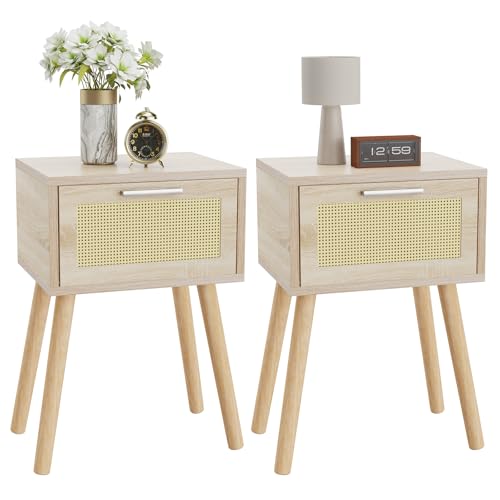 YMYNY Nightstand Set of 2, End Table, Small Bedside Table, Handmade Rattan Decorated Drawer, Solid Wood Legs, Modern Side Table for Bedroom and Small Spaces, Natural UHST010N-2 - color: Natural