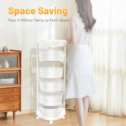 5-Tier Rotating Storage Rack, Round Kitchen Organizer Cart with Wheels for Fruit Vegetable, Multi-Layer Shelf for Bathroom Laundry Room, White