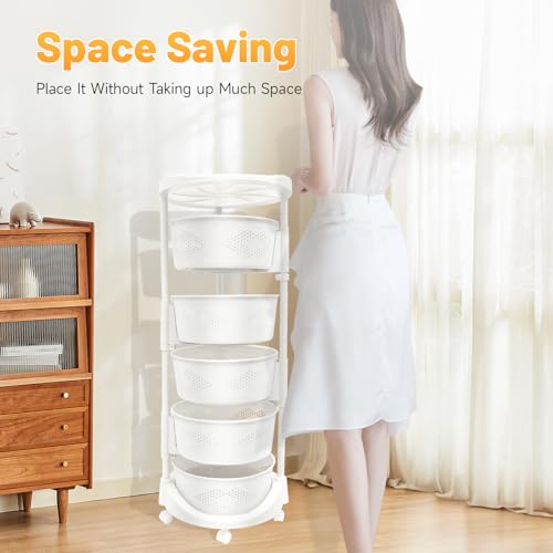 5-Tier Adjustable Kitchen Storage Rack,5 Layer Rotating Vegetable Organizer with Lockable Casters,Multi-Layers Rotatable Baskets for Kitchen Bathroom Living Room,White - size: 5-Tier