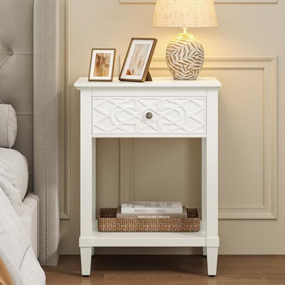26" Night Stand with Drawers, Painted Bedside Table, Solid Wood Nightstand | Pine Leg and Solid Wood Frame Nightstand, Side Table End Table for Bedroom, Carved Pattern, Pure White - color: Pure White