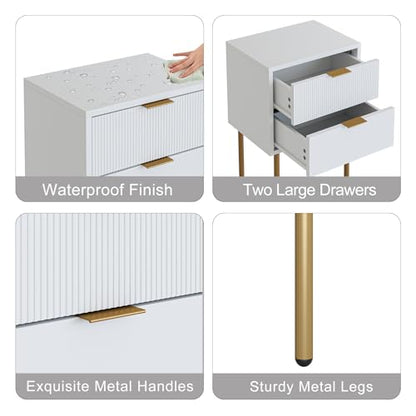 Nightstand,Small Bedside Table with Gold Frame,White Night Stand,Bedside Furniture,Side Table with 2Drawers for Bedroom,Living Room (2Drawers, White) - color: White, style: 2Drawers