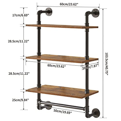 IBUYKE 3-Tiers Industrial Pipe Shelves with Towel Bar RF-TM015 | Rustic Wall Mount Bookcase,Metal Bracket Storage Wall Shelf for Bedroom, Kitchen - size: 3 Tier with Tower Bar