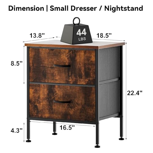 Industrial Nightstand with 2-Drawer Storage, Rustic Brown End Table with Metal Frame, Small Fabric Dresser for Bedroom, Living Room, Office, Easy Assembly