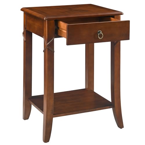 27.6" High End Table with Drawer and Storage Shelf, Solid Wood Side Table, Traditional Sofa BesideTables, Narrow Telephone Tables for Living Room,Small Space No-Tools Assembly, Cherry Brown GBJDR200 - color: Cherry Brown