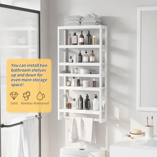 Bathroom Shelves with Hanging Bar Over Toilet Storage - Adjustable Wall Organizer (White) - color: White