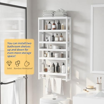 Bathroom Shelves with Hanging Bar Over Toilet Storage - Adjustable Wall Organizer (White) - color: White