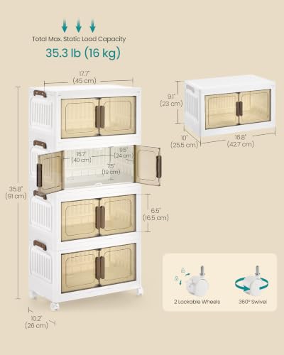 SONGMICS 26QT Plastic Storage Bins with 1 Lid, 4-Tier Stackable Bins with Doors and Wheels, Foldable Storage Boxes, for Closets, Bedroom, Living Room, Office, White URLB445WZ01 - size: 4 x 26QT